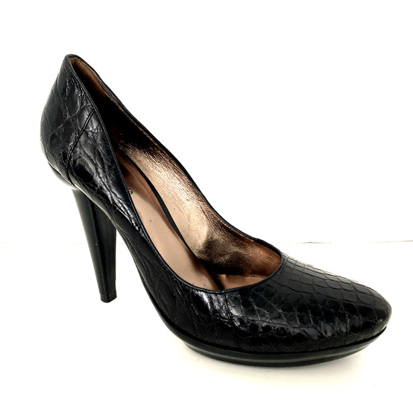Bottega Veneta Pump Black Croc Leather Round Toe Slim Heel Italy Slip On 39 9 - Picture 2 of 12